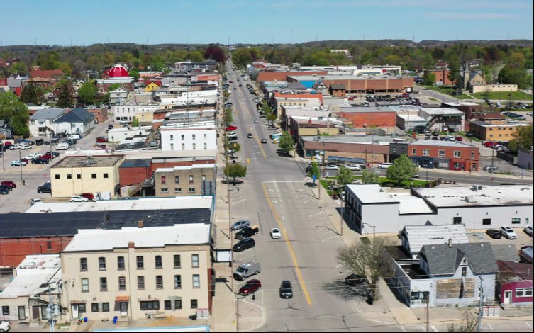 Aerial view of downtown Tillsonburg, Ontario, Canada