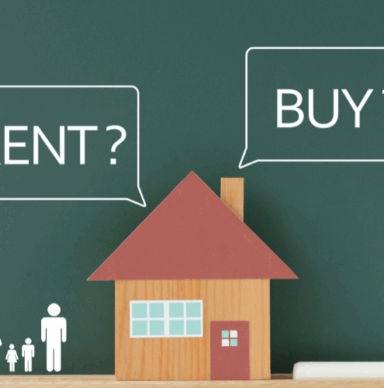 A graphic depicting a family looking at the difference between renting and buying, considering JAAG Properties’ Rent to Home Solution