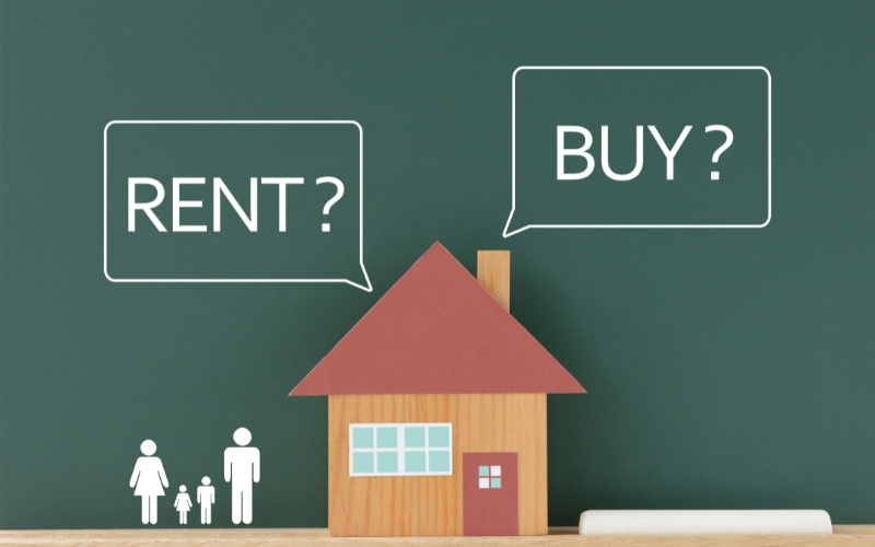 A graphic depicting a family looking at the difference between renting and buying, considering JAAG Properties’ Rent to Home Solution