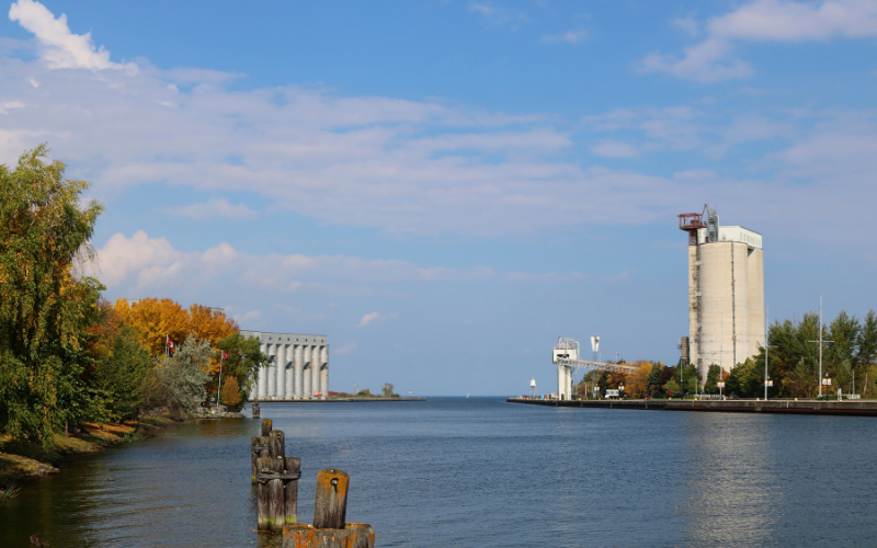 Looking out from the Owen Sound Harbor to the grain elevators, learning about Rent to Own Homes in Owen Sound, Ontario